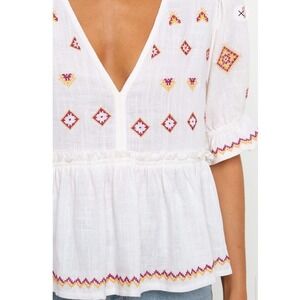 Petal & Pup Dawston Top White Embroidered V-Neck Boho Linen Blend Peplum Blouse